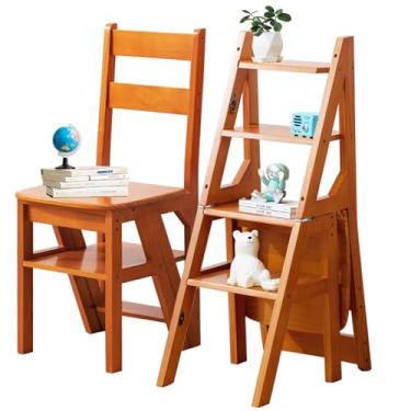 Imagem de Ribanedy Cadeira dobrável 3 em 1 de madeira maciça, banco conversível e suporte de exibição, escada multifuncional de 4 níveis, dupla finalidade para casa, cozinha, biblioteca, capacidade de 120 kg