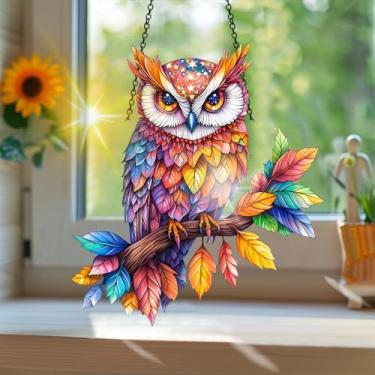 Imagem de Acrílico colorido, apanhador de sol estilo vitral estampado de coruja com reflexos de arco-íris, arte de parede para decoração de janela suspensa, ornamentos de primavera para uso interno e externo