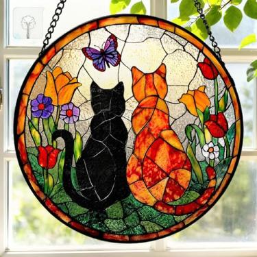 Imagem de Vitral de 19 cm para pendurar na janela, gatos, flores, borboleta, apanhador de sol, porta interna, parede, quintal, decoração de casa, painel de vidro colorido, apanhador de sol, presentes para