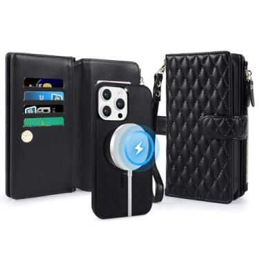 Imagem de Lacass Capa carteira para iPhone 13 Pro Max, compatível com MagSafe 2 em 1 de couro sintético destacável magnético com bloqueio de RFID, capa para cartão, fecho de zíper, cordão de pulso, acolchoado