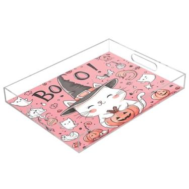 Imagem de xigua Bandeja de servir de acrílico fantasma de Halloween com alças à prova de derramamento, bandejas decorativas de festa de Halloween, bandeja organizadora de bancada para banheiro, cozinha, 30,5 x