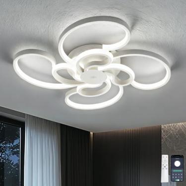 Imagem de Lustre de LED com intensidade regulável, controle remoto, função de memória via aplicativo, design moderno e curvo, timer e 3 temperaturas de cor para quarto, branco.