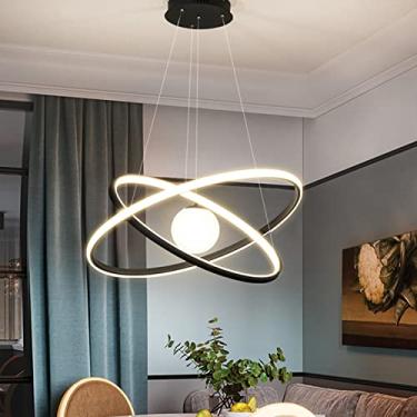 Imagem de Luminária pendente LED moderna, lustre de mesa de jantar com 2 anéis LED, dimerizável e com controle remoto, ideal para sala de estar, cozinha, sala de jantar e quarto (preta, 60 cm de compr