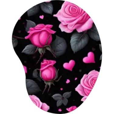 Imagem de Mouse Pad Ergonômico Gota Padronagem Rosas Rosa e Corações Fundo Preto