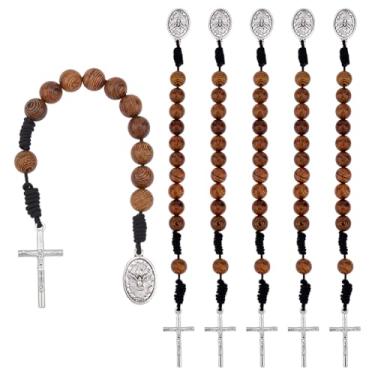Imagem de DICOSMETIC 6 contas de madeira de rosário de bolso com medalha de São Bento, estilo aberto, rosário de uma década, com medalha de prata antiga e crucifixo católico, pacote de presente religioso para
