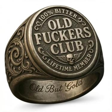 Imagem de Anel masculino Old Fuckers Club, ajustável, 100% amargo, vida útil, vintage, mas dourado gravado dentro, design de aerofólio de caveira, presente engraçado para pai, marido, aniversário, dia dos pais