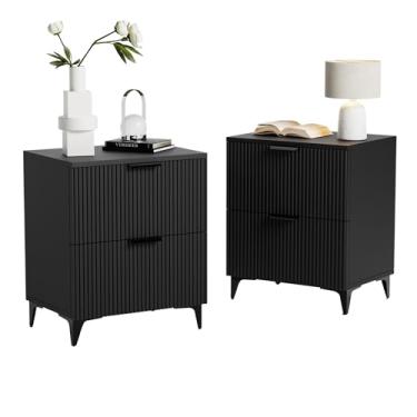 Imagem de Royal Windsor Conjunto de 2 mesas-de-cabeceira caneladas pequenas com 2 gavetas, mesa lateral lateral, armário de armazenamento pequeno, mesa de cabeceira moderna para quarto e cama de casal, preta