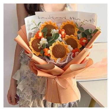 Imagem de ASDJKL Decoração de casa, girassóis, flores de crochê, presente de dia do professor, flores artificiais com saco de presentes, buquê de tricô, decoração de casamento, flor tecida (S3 35 x 25 cm)