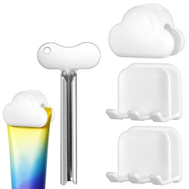 Imagem de 4 peças de suportes autoadesivos para escova de dentes 2 em 1, suporte de copo de gargarejo, suporte de pasta de dente montado na parede, clipe de limpeza facial, organizador de toalhas, rolo de tubo