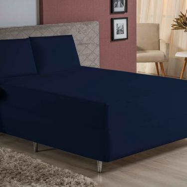 Imagem de Jogo De Cama Queen Nobre 3 Peças Luva De Box 55cm De Altura Malha 100% Algodão - Azul-marinho