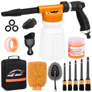 Imagem de AUTODECO Kit de limpeza de lavagem de carro com pulverizador de pistola de espuma, escova de lavagem de carro e espanador de luva de lavagem grande para limpeza interna e externa de carro (laranja)
