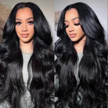 Imagem de Mihugass Perucas de cabelo humano 33 x 15 cm para mulheres 250% densidade #1 cor preta azeite ondulado perucas frontais de renda HD transparente (55 cm)