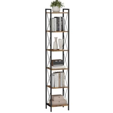 Imagem de Homhedy Estante de livros de 6 camadas, estante alta e estreita para pequenos espaços, prateleira de armazenamento de metal, para escritório em casa, sala de estar, cozinha, quarto, estilo industrial