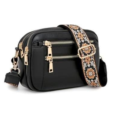 Imagem de Bolsa transversal feminina pequena, de couro vegano moderno com bolsas de ombro ajustáveis, Preto, Bolsas transversais