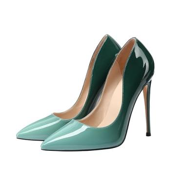 Imagem de XINIUNIU Sapatos de salto alto para mulheres, salto largo, couro envernizado gradiente, 4,7 polegadas/12 cm, sapatos formais, sexy, fashion, stiletto, sapatos de casamento, bico fino, Verde menta, 35