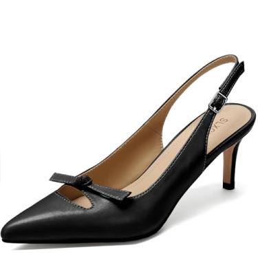 Imagem de SLXCHBSL Salto agulha feminino com laço, bico fino fechado, salto baixo, tira no tornozelo, ajustável, festa, casamento, escritório, sapatos elegantes, Preto, 38
