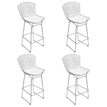 Imagem de Kit 4 Banquetas Alta Bistrô Alta Bistrô Bertoia Cromada D60 Com Assento Sintético Branco