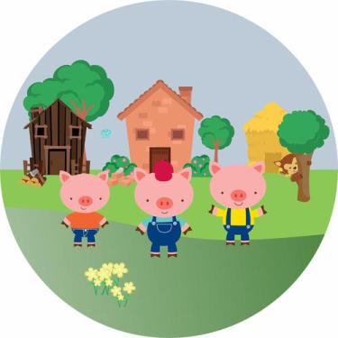 Imagem de Painel de Tecido Sublimado Redondo Três Porquinhos e o Lobo Mal Trio d