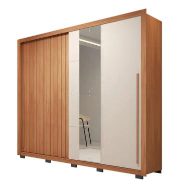 Imagem de Guarda Roupas Casal Com Ripado e Espelho 2 Portas 4 Gavetas Madeirado/Off White Eloa Caemmun