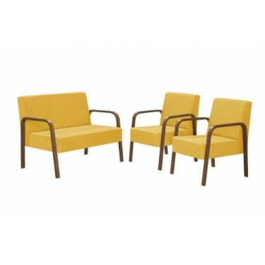 Imagem de Conjunto Poltrona Jade Braço Madeira Suede Amarelo - D SALLA