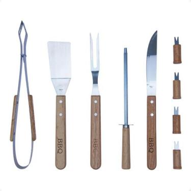 Imagem de Kit Churrasco Inox Madeira 9 Pçs + Bolsa Utensílios Cozinha - Sem marc