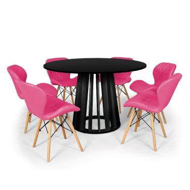 Imagem de Conjunto Mesa de Jantar Redonda Talia Preta 120cm com 6 Cadeiras Eiffel Slim - Rosa