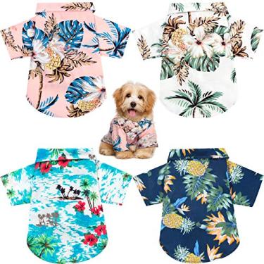Imagem de 4 peças camisetas de verão para animais de estimação estilo Havaí, estampa havaiana, camisetas para animais de estimação, roupas respiráveis, roupas frescas para a praia à beira-mar, para cães e filhotes (médio)