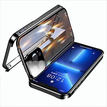Imagem de Capa com fivela dupla face para iPhone 13 Pro Max/13 Pro/13, Capa bumper com lente de câmera Protetor de tela Proteção total do corpo Moldura de metal Tampa de vidro transparente, Preto, 13 15,5 cm