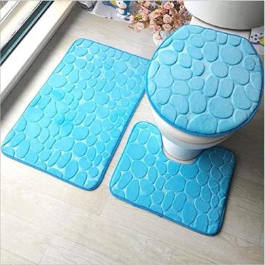 Imagem de 3 pçs/conjunto de tapete de banho para banheiro tapete antiderrapante seixo tapetes higiênicos capa de banheiro almofada de pé tapetes absorventes tapetes de banheiro decoração, azul claro