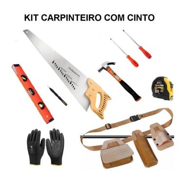 Imagem de Kit Carpinteiro Trena Martelo Luva Nivel Serrote Chaves + Cinto