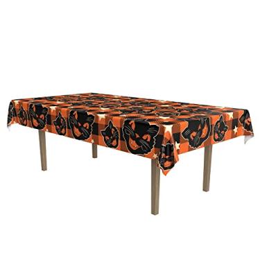 Imagem de Beistle Toalha de mesa de Halloween vintage retangular de tecido de poliéster lavável e reutilizável suprimentos de festa, capa de mesa decorativa para férias, 140 cm x 239 cm, preto/laranja/branco