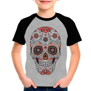 Imagem de Camiseta Raglan Caveira Mexicana Skull Cinza Preto Inf03 - Design Cami