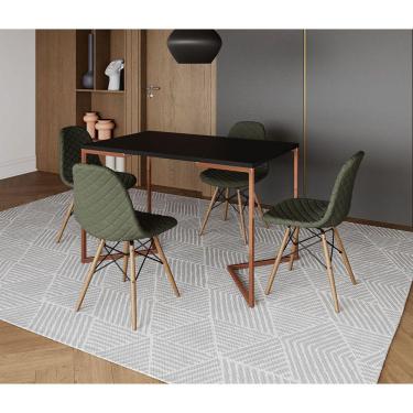 Imagem de Mesa Jantar Industrial Retangular Preta 120x75 Base V Cobre com 4 Cadeiras Estofadas Verdes Madeira