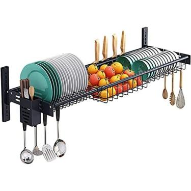Imagem de Rack De Secagem De Pratos Ajustável Sobre A Pia, Escorredor De Pratos Preto Em Grande Capacidade, Rack De Secador De Pratos Montado Na Parede Com Suporte De Utensílio Suspenso Para Organizador De