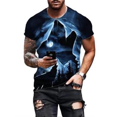 Imagem de Camisetas masculinas com estampa de lobo legal 3D de verão, moda casual, estampa animal, hip hop, camiseta estampada, Cinza, XXG
