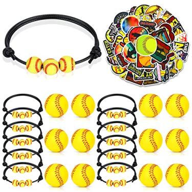 Imagem de 74 pacotes de softball festa lembrancinhas 12 pulseiras de softball + 12 bolas de estresse esportivas softball + 50 adesivos de softbol, conjunto de pulseiras ajustáveis de softbol de espuma de 1,6" para materiais de carnaval presentes de aniversário para a equipe
