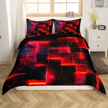 Imagem de Erosebridal Jogo de cama solteiro abstrato moderno preto e vermelho, capa de edredom xadrez brilhante 3D, jogo de cama quadriculado neon 2 peças (preto reversível)