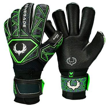 Imagem de Renegade GK Luvas de goleiro Triton Raider com espinhas de dedo Pro-Tek | Super Grip de 3,5 + 3 mm e Duratek de 4 mm | Luvas de goleiro de futebol pretas e verdes (tamanho 7, jovem, corte de rolo,