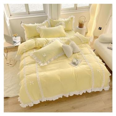Imagem de Jogo de cama com laço de renda, capa de edredom para meninas e quarto (amarelo, solteiro, 4 peças)