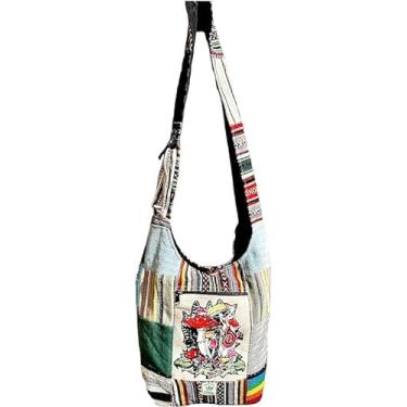 Imagem de Himalayan Craft Bolsa de ombro de cânhamo patchwork estilo americano 35,5 cm multiuso feminina unissex bolsa de compras transversal - feita à mão no Everest Country Nepal, multi, 35,5 cm, bolsa de