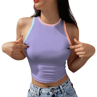 Imagem de PKDong Halter Tops para mulheres sexy sem mangas camiseta feminina frente única gola redonda camiseta regata feminina cropped na moda, Roxa, 3G