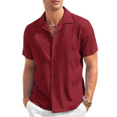 Imagem de COOFANDY Camisa masculina casual de botão, manga curta, texturizada, verão, praia cubana, Vinho tinto, 3G