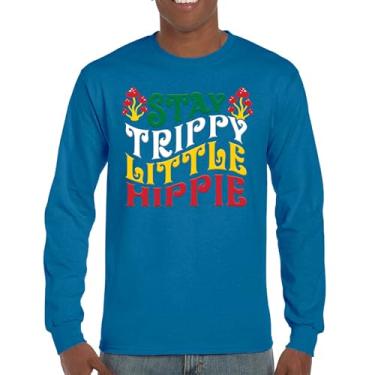 Imagem de Camiseta de manga comprida com estampa "Stay Trippy Little Hippie" Hippies Vintage Peace Love Happiness Retro 70s Cogumelos, Azul, 3G