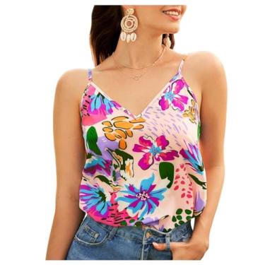 Imagem de Verdusa Camiseta feminina com estampa floral aberta nas costas, gola V, alças finas, rosa, G