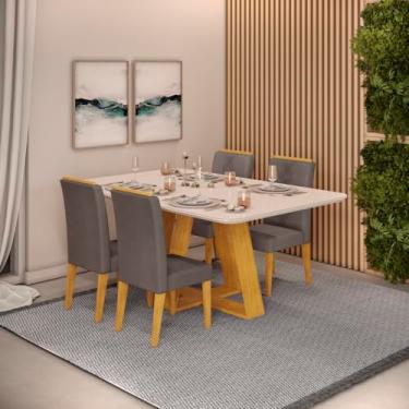 Imagem de Conjunto Sala de Jantar 4 Cadeiras Tampo Curvo Dj Móveis Kiara Cedro Yasmin Veludo Lunar