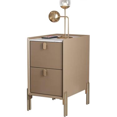 Imagem de Mesa lateral estreita de meados do século | Mesa de cabeceira moderna com 2 gavetas de armazenamento | Mesa de cabeceira minimalista de pedra sinterizada para espaços pequenos, cor champanhe