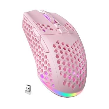 Imagem de Mouse sem fio para jogos SOLAKAKA SM600 com estrutura em formato de colmeia, rosa, botões laterais, três modos (BT5.1 + BT5.1 + 2,4 GHz), RGB, leve, para PC/Tablet/Desktop/escritório/jogos
