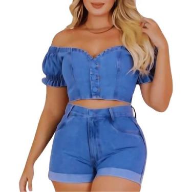 Imagem de Conjunto Jeans Feminino Short Barra Dobrada Cintura Alta 2 Peças Stand
