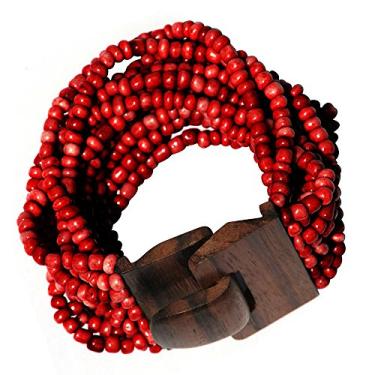 Imagem de Indomode® Pulseira Bali com contas marrons com fecho de fivela de madeira dura – 14 fios elásticos – 5 cm de largura, 8 inch, Vidro