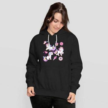 Imagem de Blusa De Frio Moletom Feminino Com Capuz Unicórnios Coloridos - MP Mod
